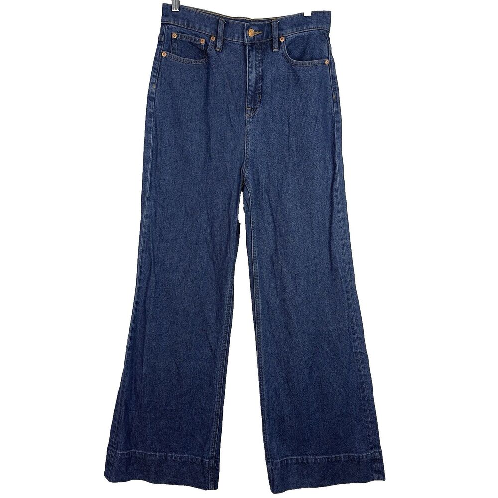 J. Crew Wide Leg Trouser Jeans Womens Sz 29 Dark Blue Denim High Rise Stretch